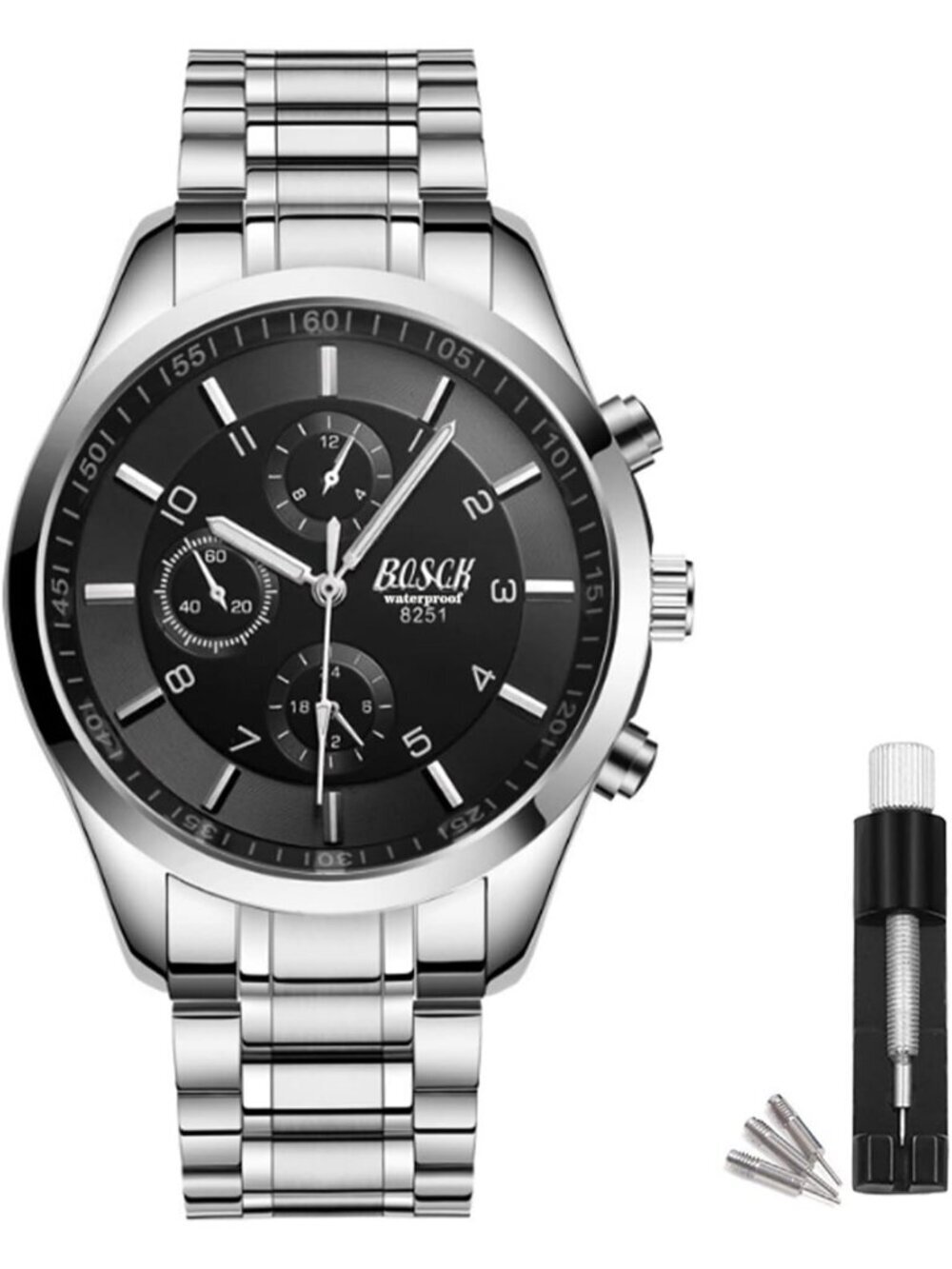 Men's Silver And Black Analog Stainless Steel Chronograph Waterproof Wrist Watch